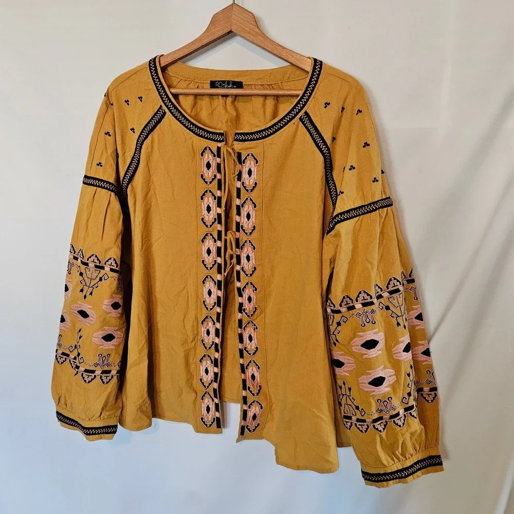 Anthropologie RD + Koko Boho Embroidered Tie Front Jacket sz‎ 1x